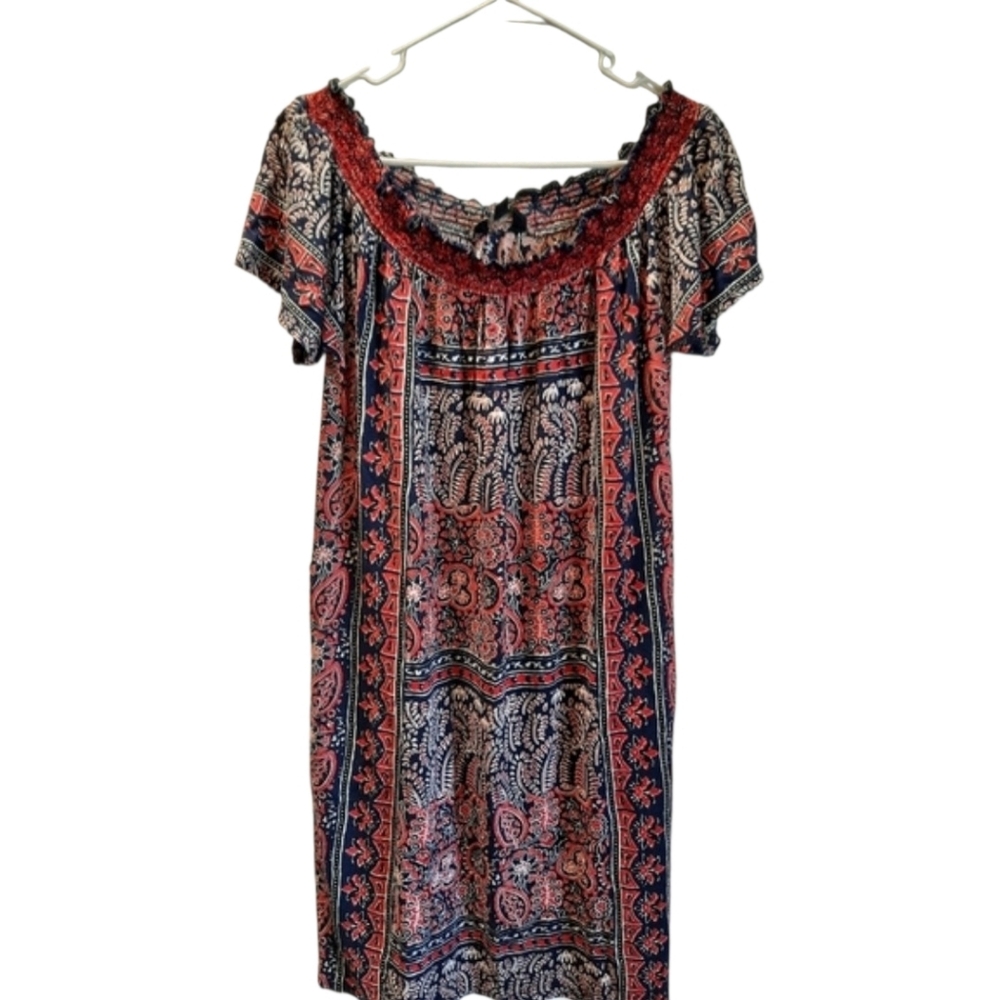 Lucky Brand Womans Dress Medium Red Navy Bohemian Short Sleeve Stretch Western